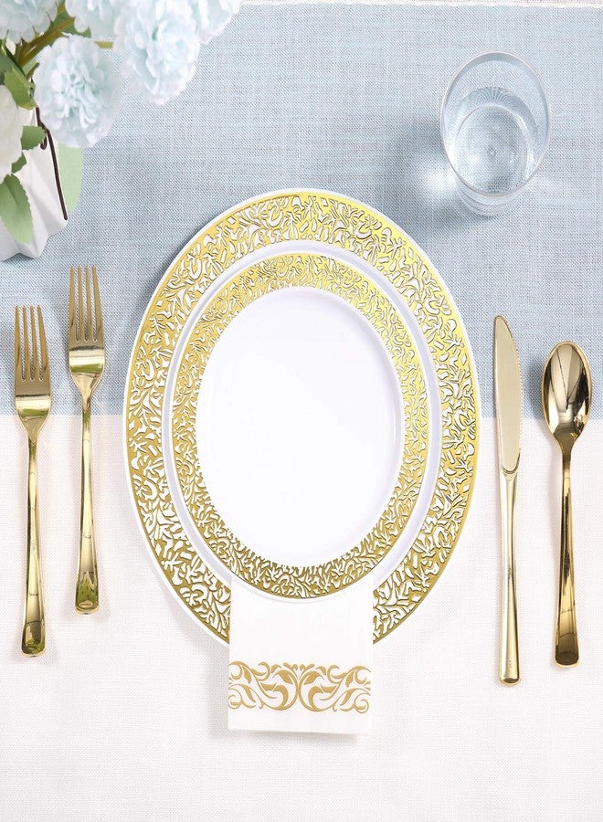 FOCUSLINE 350 Ct Gold Dinnerware Set for 50 Guests, Gold Lace Plastic Plates Disposable Heavy Duty, Including 50 Dinner & Dessert Plates, Cups, Napkins, Cutlery Set - Image 4