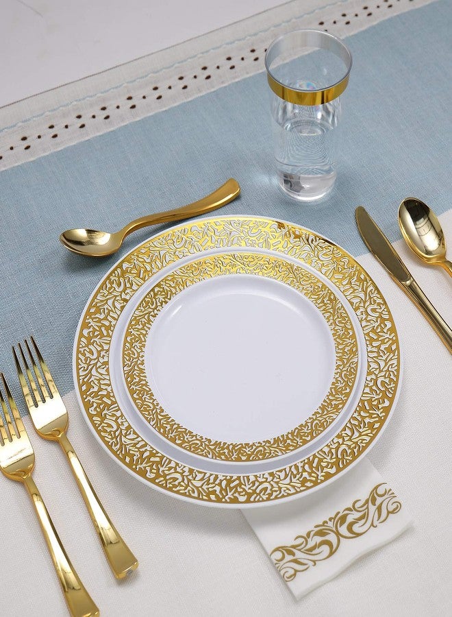 FOCUSLINE 350 Ct Gold Dinnerware Set for 50 Guests, Gold Lace Plastic Plates Disposable Heavy Duty, Including 50 Dinner & Dessert Plates, Cups, Napkins, Cutlery Set - Image 5