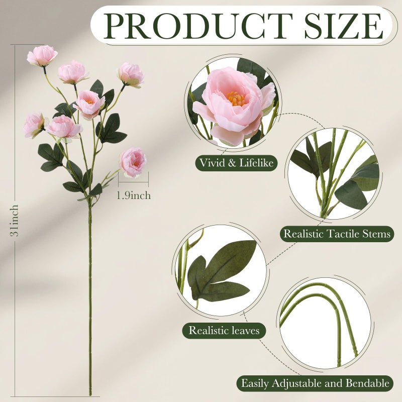 Craftsatin 6 Pack 32" Artificial Peonies Flowers for Vase(Vase Not Included)-6 Stems Faux Peony with 42 Silk Heads, Fake Long Stem Flowers for DIY Bouquets Wedding Centerpieces Home Decor(Light Pink) - Image 3