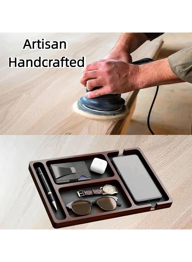 عام **صندوق تخزين خشبي بتطعيم جلدي - صينية للمفاتيح والمحفظة، صينية مجوهرات خشبية - منظِّم طاولة السرير/المكتب لحمل الضروريات اليومية (المفاتيح، الهاتف، المحفظة، الساعة، السماعات)** - Image 4