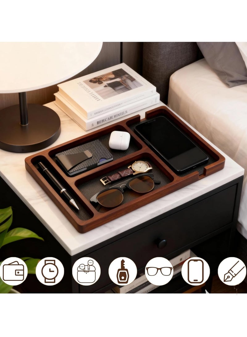 عام **صندوق تخزين خشبي بتطعيم جلدي - صينية للمفاتيح والمحفظة، صينية مجوهرات خشبية - منظِّم طاولة السرير/المكتب لحمل الضروريات اليومية (المفاتيح، الهاتف، المحفظة، الساعة، السماعات)** - Image 2