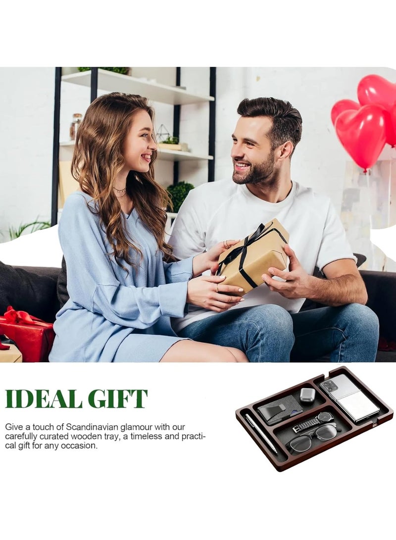 عام **صندوق تخزين خشبي بتطعيم جلدي - صينية للمفاتيح والمحفظة، صينية مجوهرات خشبية - منظِّم طاولة السرير/المكتب لحمل الضروريات اليومية (المفاتيح، الهاتف، المحفظة، الساعة، السماعات)** - Image 5