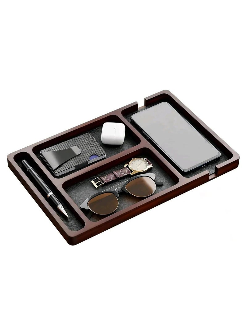 عام **صندوق تخزين خشبي بتطعيم جلدي - صينية للمفاتيح والمحفظة، صينية مجوهرات خشبية - منظِّم طاولة السرير/المكتب لحمل الضروريات اليومية (المفاتيح، الهاتف، المحفظة، الساعة، السماعات)** - Image 1