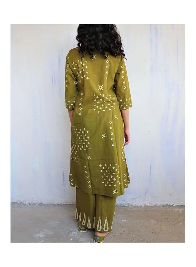 جو سريكي كورتا مطبوعة من رايون فيسكوز على شكل خط A من GoSriKi مع قصر (CHAURYA Mehandi-GS_L_Mehandi_Large)
