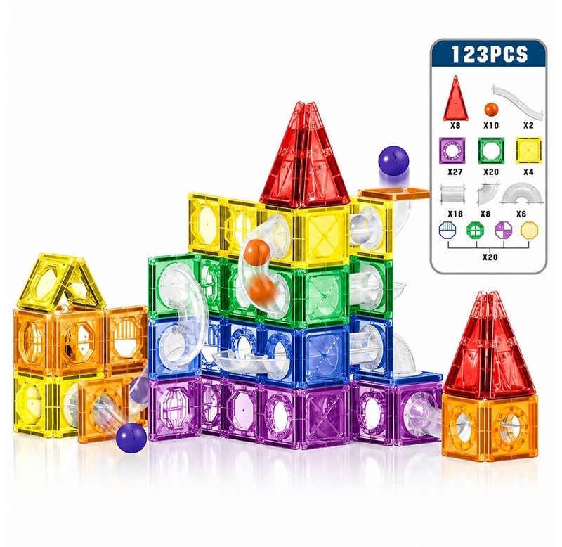 O2. 123PCS Magnetic Marble Run Building Set with Transparent Magnetic Blocks, Ball Track Tubes and 10 Balls for Kids 3+ Years - Image 2