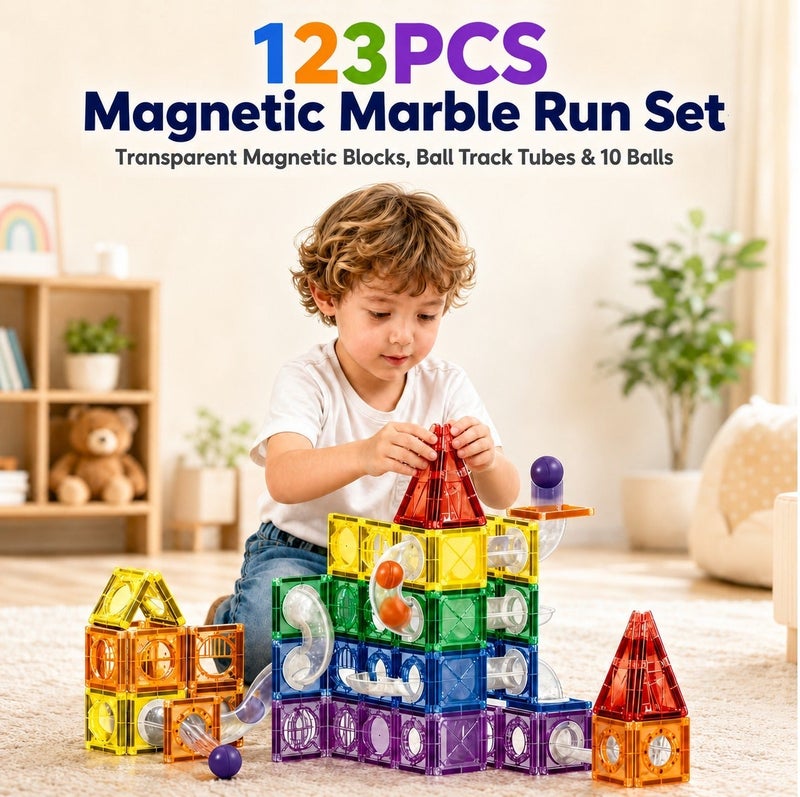 O2. 123PCS Magnetic Marble Run Building Set with Transparent Magnetic Blocks, Ball Track Tubes and 10 Balls for Kids 3+ Years - Image 1