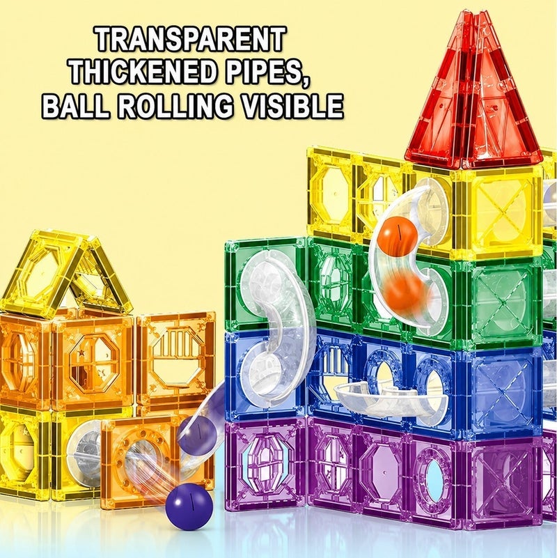 O2. 123PCS Magnetic Marble Run Building Set with Transparent Magnetic Blocks, Ball Track Tubes and 10 Balls for Kids 3+ Years - Image 5