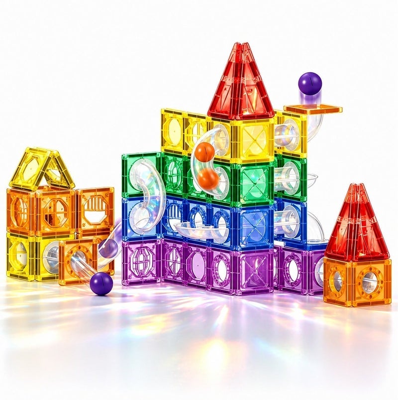O2. 123PCS Magnetic Marble Run Building Set with Transparent Magnetic Blocks, Ball Track Tubes and 10 Balls for Kids 3+ Years - Image 4
