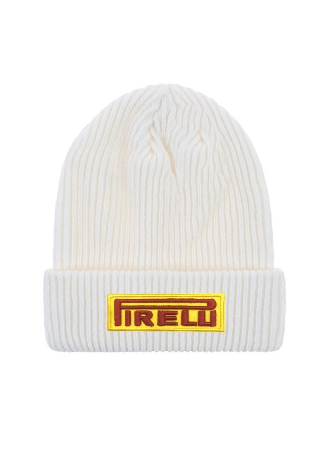 Pirelli Cream Ribbed Knit Beanie – Chic Warm Winter Hat with Signature Logo Patch 606Size