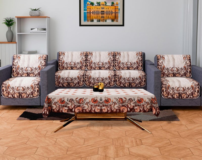 Kuber Industries Velvet 5 Seater Sofa & Table Cover Set For Living Room | Brown Flower Sofa Cover with Table Cover | Cream - Image 1