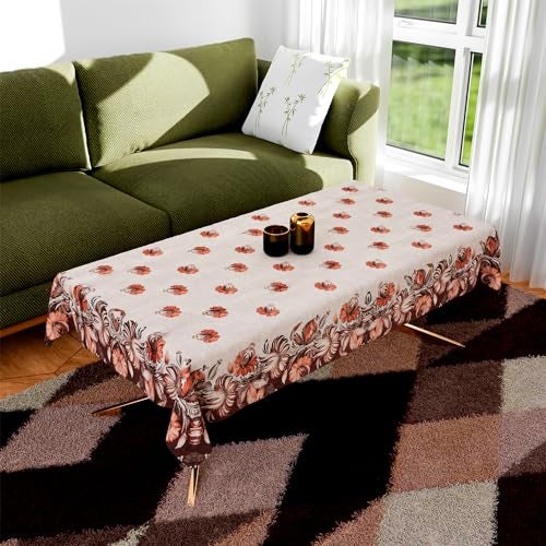 Kuber Industries Velvet 5 Seater Sofa & Table Cover Set For Living Room | Brown Flower Sofa Cover with Table Cover | Cream - Image 2