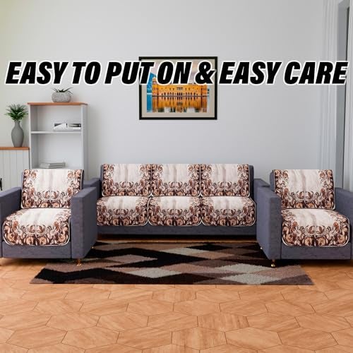 Kuber Industries Velvet 5 Seater Sofa & Table Cover Set For Living Room | Brown Flower Sofa Cover with Table Cover | Cream - Image 5