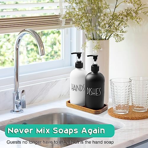 ALELION Glass Dish Soap Dispenser for Kitchen - 16 OZ Hand Soap Dispenser Set with Pump and Acacia Wood Tray - Black White Modern Farmhouse Kitchen Bathroom Decor and Accessories - Image 2