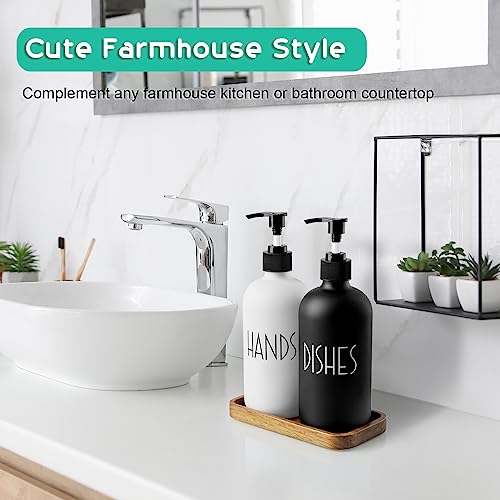 ALELION Glass Dish Soap Dispenser for Kitchen - 16 OZ Hand Soap Dispenser Set with Pump and Acacia Wood Tray - Black White Modern Farmhouse Kitchen Bathroom Decor and Accessories - Image 3
