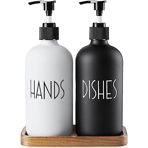 ALELION Glass Dish Soap Dispenser for Kitchen - 16 OZ Hand Soap Dispenser Set with Pump and Acacia Wood Tray - Black White Modern Farmhouse Kitchen Bathroom Decor and Accessories - Image 1