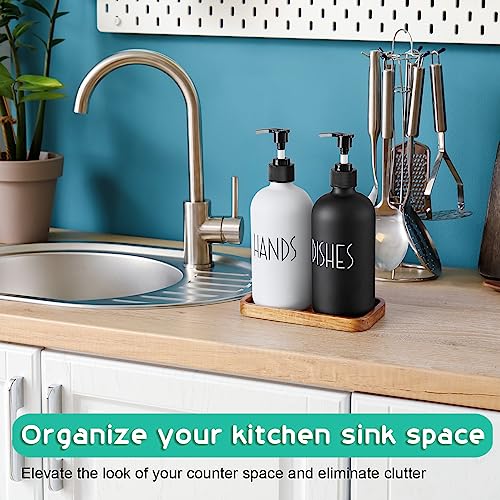 ALELION Glass Dish Soap Dispenser for Kitchen - 16 OZ Hand Soap Dispenser Set with Pump and Acacia Wood Tray - Black White Modern Farmhouse Kitchen Bathroom Decor and Accessories - Image 4