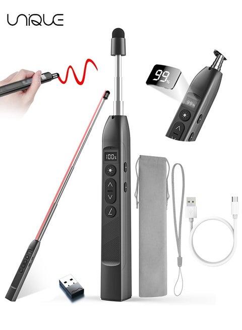 Wireless Presenter Clicker - Wireless Presentation Clicker with Telescopic Pointer Stick - Rechargeable Presenter Remote Light Pointer with Touch Screen Stylus Pen and Digital Display - Available for Keynote, PPT, Mac, PC, Laptop - Black