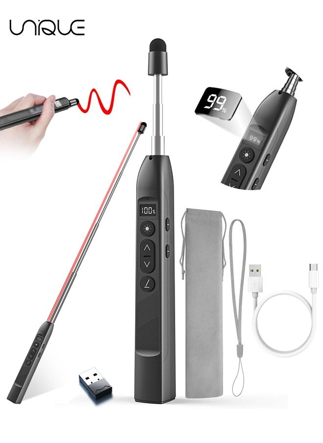 يونيك - Wireless Presenter Clicker - جهاز النقر اللاسلكي للعرض التقديمي مع عصا المؤشر التلسكوبية - مؤشر إضاءة عن بعد قابل لإعادة الشحن مع قلم قلم بشاشة تعمل باللمس وشاشة رقمية - متوفر ل Keynote و PPT و Mac والكمبيوتر الشخصي والكمبيوتر المحمول - أسود - Image 1