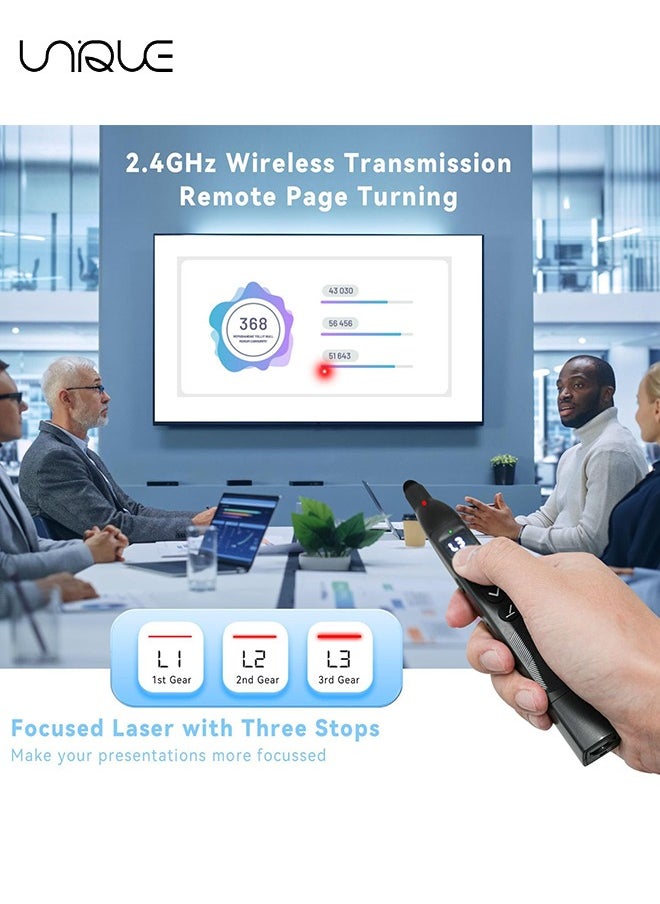 يونيك - Wireless Presenter Clicker - جهاز النقر اللاسلكي للعرض التقديمي مع عصا المؤشر التلسكوبية - مؤشر إضاءة عن بعد قابل لإعادة الشحن مع قلم قلم بشاشة تعمل باللمس وشاشة رقمية - متوفر ل Keynote و PPT و Mac والكمبيوتر الشخصي والكمبيوتر المحمول - أسود - Image 1