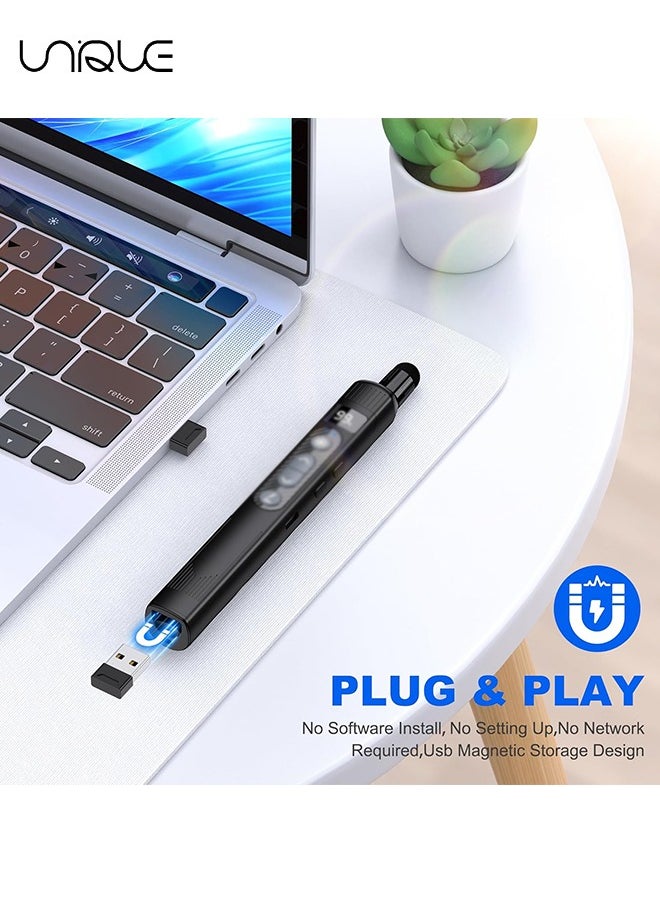 يونيك - Wireless Presenter Clicker - جهاز النقر اللاسلكي للعرض التقديمي مع عصا المؤشر التلسكوبية - مؤشر إضاءة عن بعد قابل لإعادة الشحن مع قلم قلم بشاشة تعمل باللمس وشاشة رقمية - متوفر ل Keynote و PPT و Mac والكمبيوتر الشخصي والكمبيوتر المحمول - أسود - Image 1