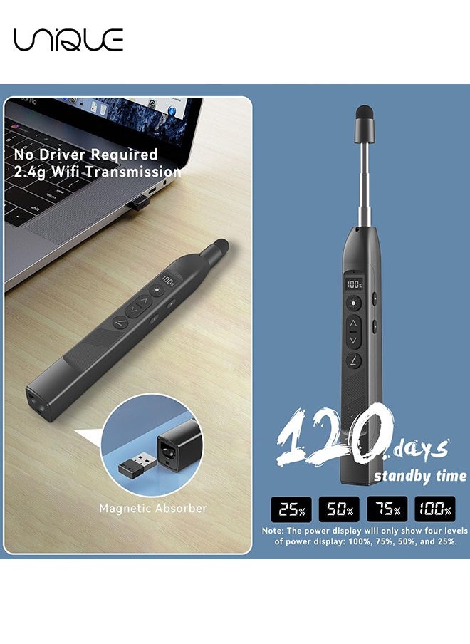 يونيك - Wireless Presenter Clicker - جهاز النقر اللاسلكي للعرض التقديمي مع عصا المؤشر التلسكوبية - مؤشر إضاءة عن بعد قابل لإعادة الشحن مع قلم قلم بشاشة تعمل باللمس وشاشة رقمية - متوفر ل Keynote و PPT و Mac والكمبيوتر الشخصي والكمبيوتر المحمول - أسود - Image 1