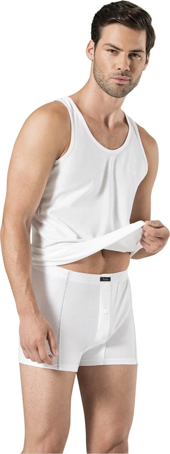 بيير كاردان Men's Combed Cotton White Undershirt Boxer Set