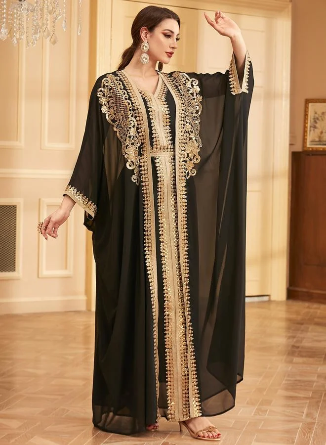 Take Two Black Black Sequin Patch Belted Dress with Kimono Set for Women | Best Price UAE