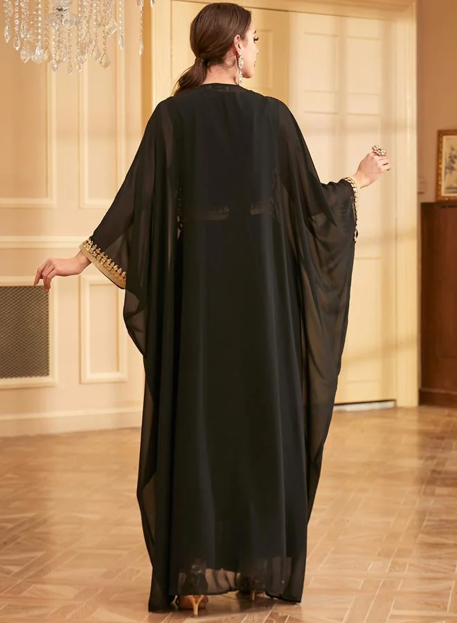 Take Two Black Black Sequin Patch Belted Dress with Kimono Set for Women | Best Price UAE