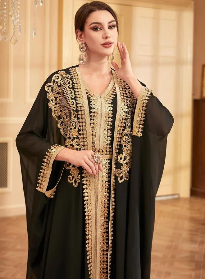Take Two Black Black Sequin Patch Belted Dress with Kimono Set for Women | Best Price UAE