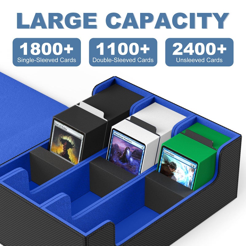 Mlikero Card Deck Case 1800+ صندوق تخزين بطاقات التداول مع 10 مقسمات و 3 سدادات من الرغوة الإغلاق المغناطيسي قائد Deck Commander ملاءمة لـ Yugioh MTG و Sport Cards (Black & Blue) - Image 2