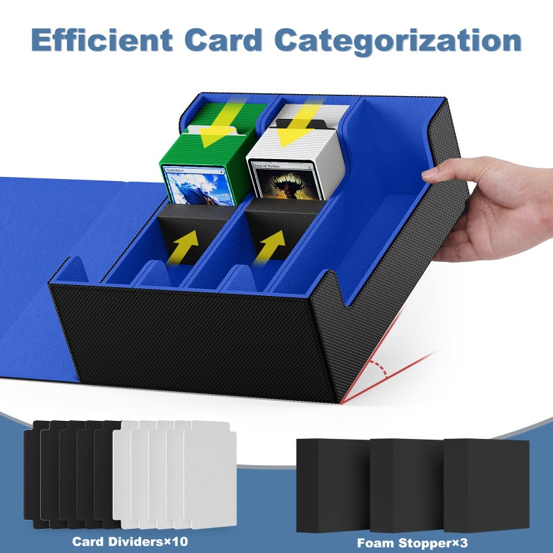 Mlikero Card Deck Case 1800+ صندوق تخزين بطاقات التداول مع 10 مقسمات و 3 سدادات من الرغوة الإغلاق المغناطيسي قائد Deck Commander ملاءمة لـ Yugioh MTG و Sport Cards (Black & Blue) - Image 3