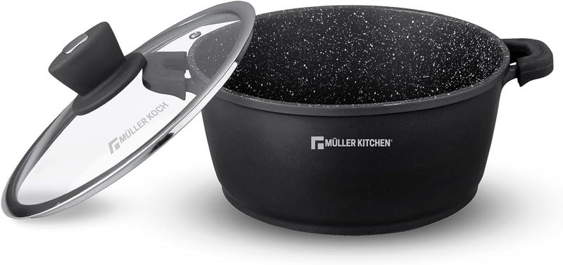 Müller Koch مولر كوخ MK-5002 - ألومنيوم مصبوب - طلاء جرانيت رخامي ألماني غير لاصق - خالٍ من PFOA - مقاوم للخدش - آمن للاستخدام في غسالة الأطباق والفرن - قدر مع غطاء - أسود - 2.2 لتر - 20 سم - Image 1