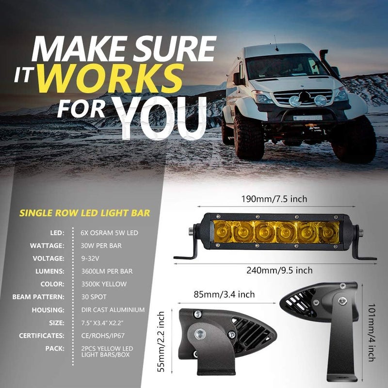 Chelhead Flexible purchase choices Led Light Bar, Super Slim 2 PCS 7 Inch 30W Spot Yellow Driving Fog Single Row Light Bar 3600LM Off Road Led Lights with 2 Types of Mounting Brackets for Jeep Truck SUV UTV Individual group scene compatible - Image 5