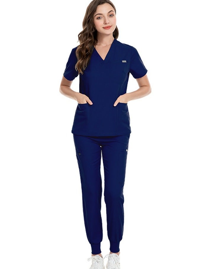 Loquat Medical Uniform Scrubs Set Medical Scrubs Solid Color 2 Piece Set Top and Pants Suit Navy Blue - Image 1