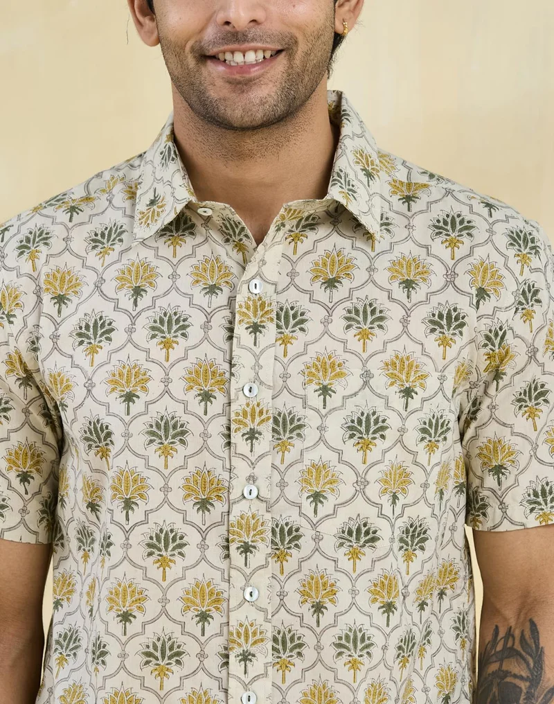 Fabindia Beige Cotton Hand Block Printed Shirt