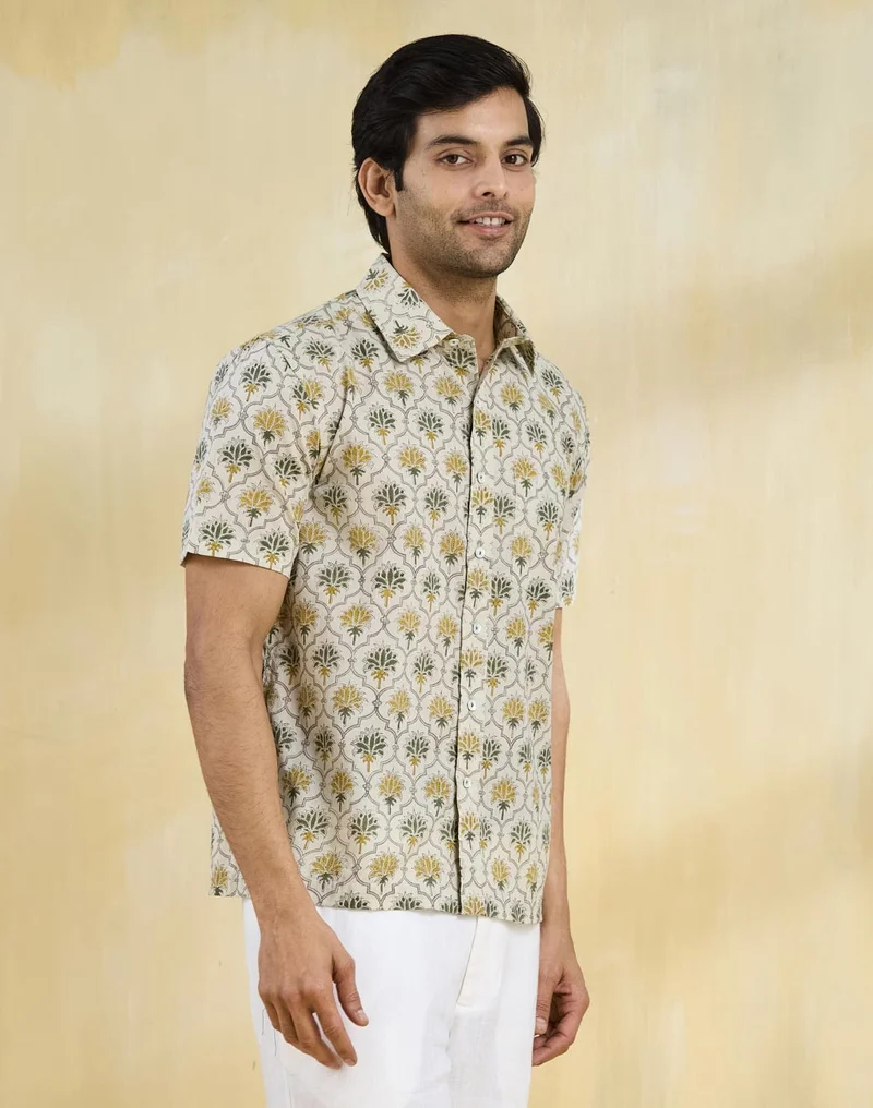 Fabindia Beige Cotton Hand Block Printed Shirt