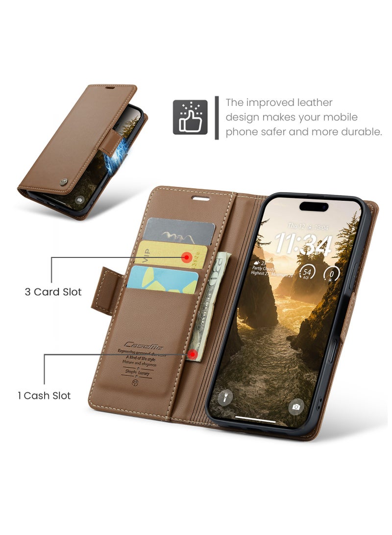 ICARLUS For iPhone 17 Pro Case Blocking Leather Wallet Stand Phone Cover - Brown - Image 2