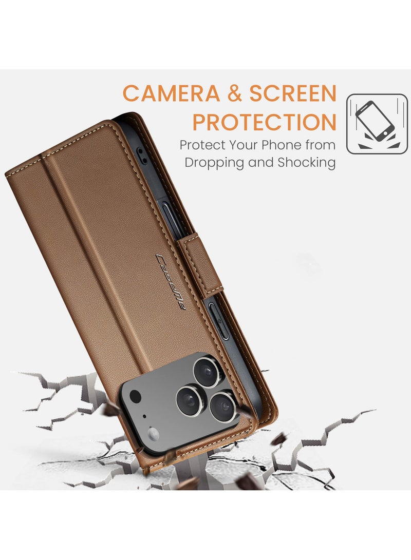 ICARLUS For iPhone 17 Pro Case Blocking Leather Wallet Stand Phone Cover - Brown - Image 5