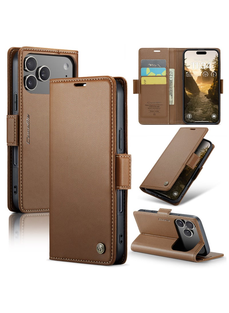ICARLUS For iPhone 17 Pro Case Blocking Leather Wallet Stand Phone Cover - Brown - Image 1