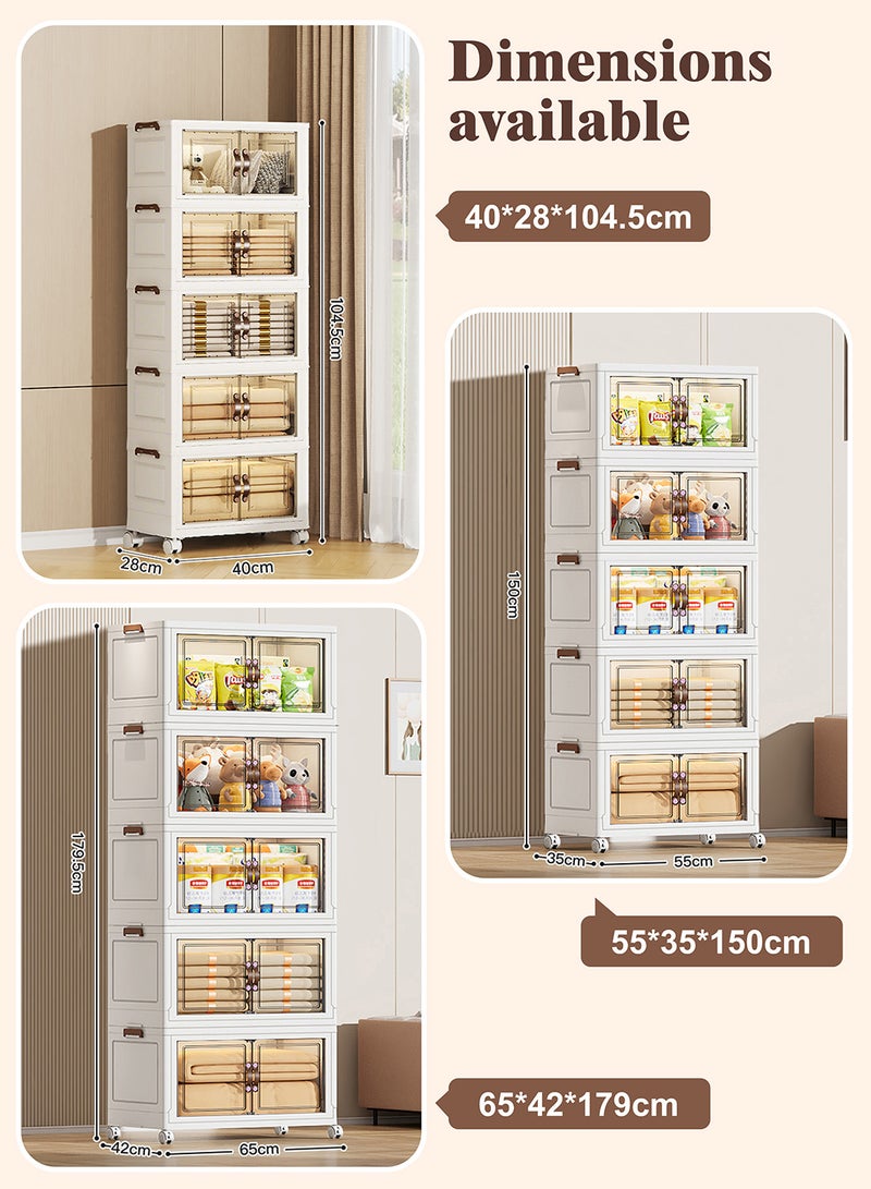 Ollieroo خزانة تخزين بلاستيكية قابلة للطي بخمسة أرفف مع عجلات – منظم PP بأبواب مغناطيسية شفافة، تصميم قابل للتكديس وتوفير المساحة للمطبخ أو غرفة النوم أو غرفة المعيشة، 55 × 35 × 150 سم - Image 3