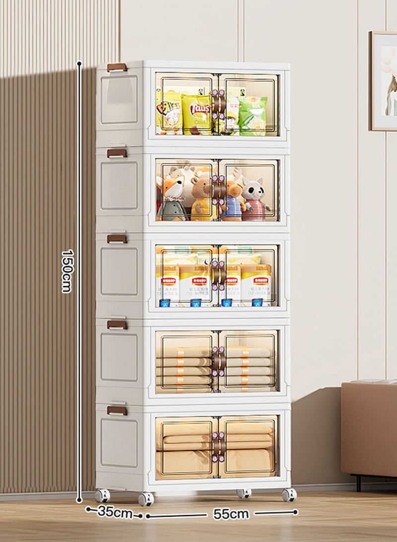 Ollieroo خزانة تخزين بلاستيكية قابلة للطي بخمسة أرفف مع عجلات – منظم PP بأبواب مغناطيسية شفافة، تصميم قابل للتكديس وتوفير المساحة للمطبخ أو غرفة النوم أو غرفة المعيشة، 55 × 35 × 150 سم - Image 2