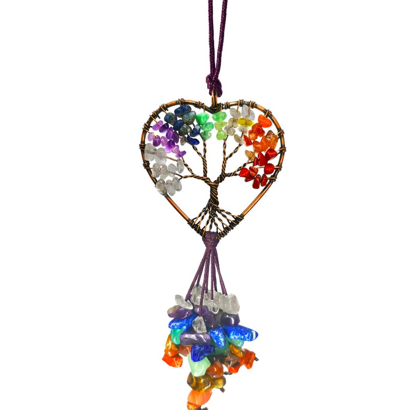 Healing Crystal Decor Tree of Life Car Mirror Hanging Accessories7 Chakras Stones Wall Decor Car Mirror Decor Hanging Decoration Decor Tree of LifeRoundHeart