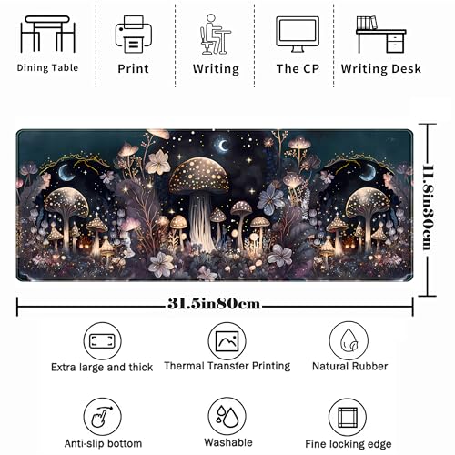 Teng DA Qing Cute Dark Mushroom Moon Night Mouse Pad XL Extended Gaming Mat with Stitched Edges Computer Laptop Keyboard and Mouse Mat for Women Office Desk Decor 315x118 in - Image 3