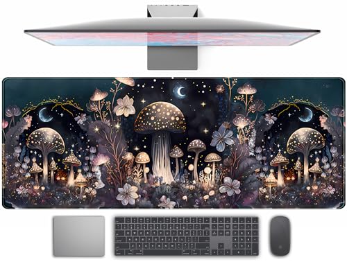 Teng DA Qing Cute Dark Mushroom Moon Night Mouse Pad XL Extended Gaming Mat with Stitched Edges Computer Laptop Keyboard and Mouse Mat for Women Office Desk Decor 315x118 in - Image 1