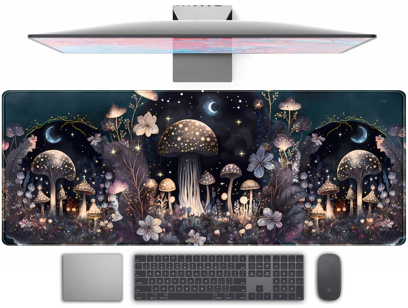 Teng DA Qing Cute Dark Mushroom Moon Night Mouse Pad XL Extended Gaming Mat with Stitched Edges Computer Laptop Keyboard and Mouse Mat for Women Office Desk Decor 315x118 in - Image 2