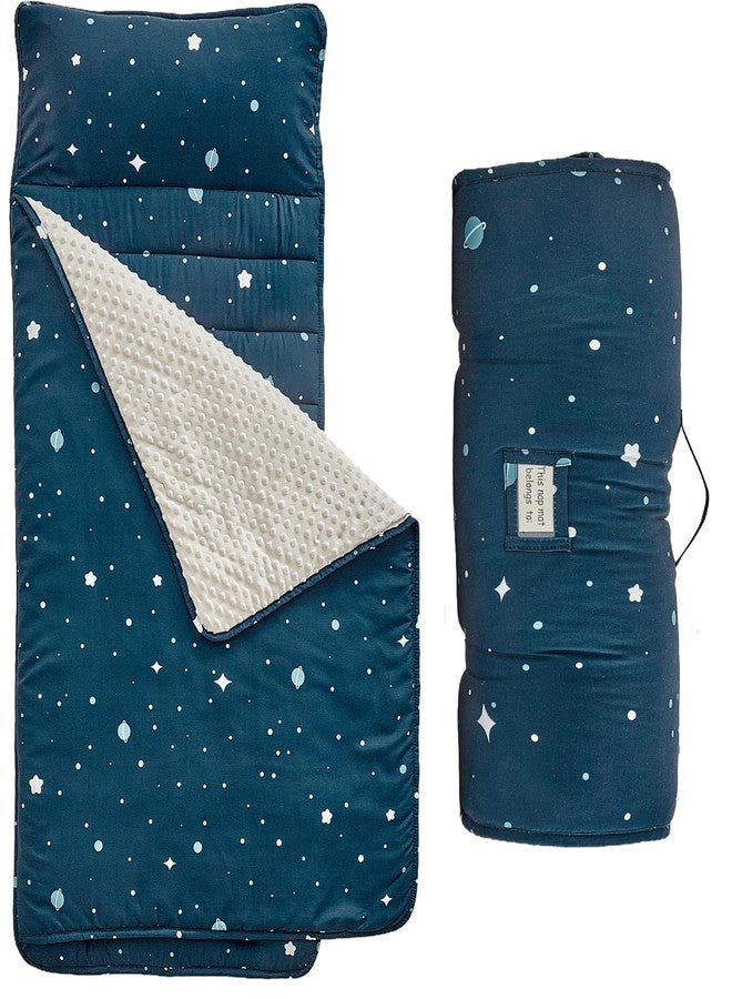 DuShow Toddler Nap Mat with Removable Pillow and Minky Fleece Blanket,Extra Large Rolled Napping Mat,Slumber Bags for Boys,Kids Sleeping Mat for Daycare,Preschool Kindergarten,Navy Blue,Star - Image 1