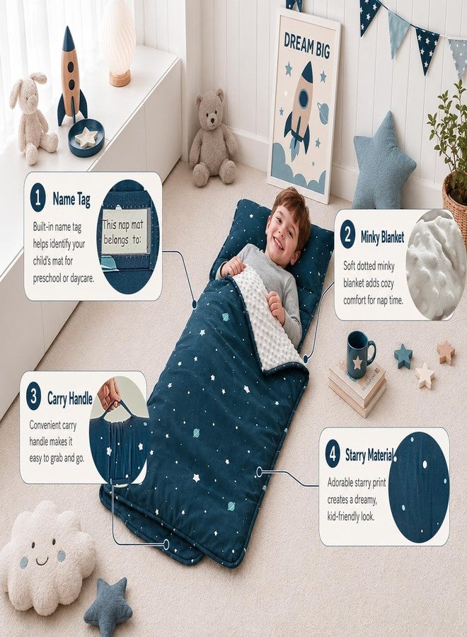 DuShow Toddler Nap Mat with Removable Pillow and Minky Fleece Blanket,Extra Large Rolled Napping Mat,Slumber Bags for Boys,Kids Sleeping Mat for Daycare,Preschool Kindergarten,Navy Blue,Star - Image 4
