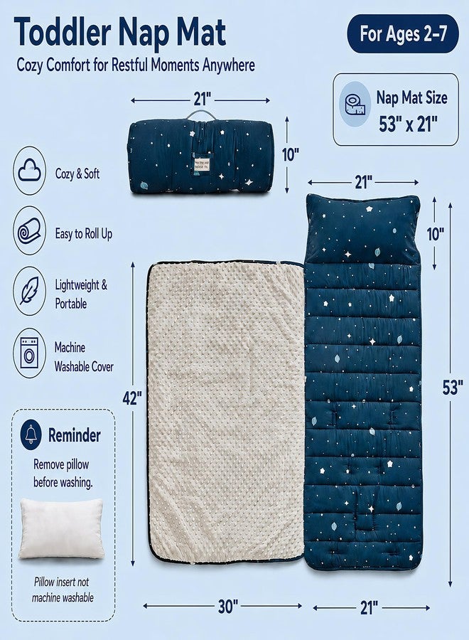 DuShow Toddler Nap Mat with Removable Pillow and Minky Fleece Blanket,Extra Large Rolled Napping Mat,Slumber Bags for Boys,Kids Sleeping Mat for Daycare,Preschool Kindergarten,Navy Blue,Star - Image 2