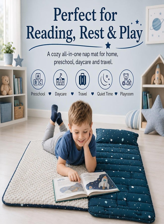 DuShow Toddler Nap Mat with Removable Pillow and Minky Fleece Blanket,Extra Large Rolled Napping Mat,Slumber Bags for Boys,Kids Sleeping Mat for Daycare,Preschool Kindergarten,Navy Blue,Star - Image 3