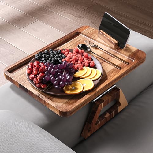 Danfoxer Acacia Wood Couch Arm Tray with 360°Phone Holder,Folding Sofa Armrest Tray,Couch Arm Table Clip-On Couch Desk for Drinks,Snacks,Phone,Remote Control - Image 3